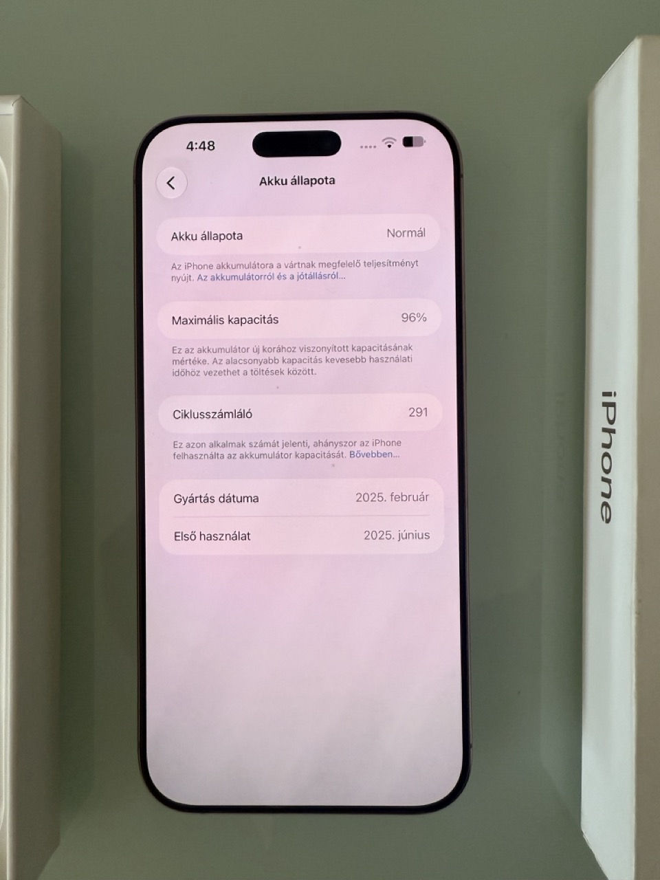 Apple iPhone 16 Pro Max akkumulátor-egészség kijelzése: 96%, 291 ciklus