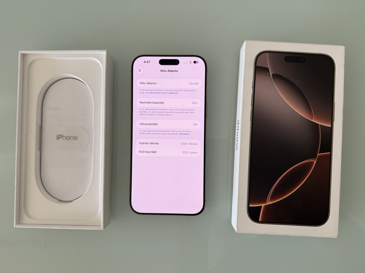 Apple iPhone 16 Pro Max sivatagi titán színben, eredeti dobozzal és 96%-os akkumulátor-egészséggel