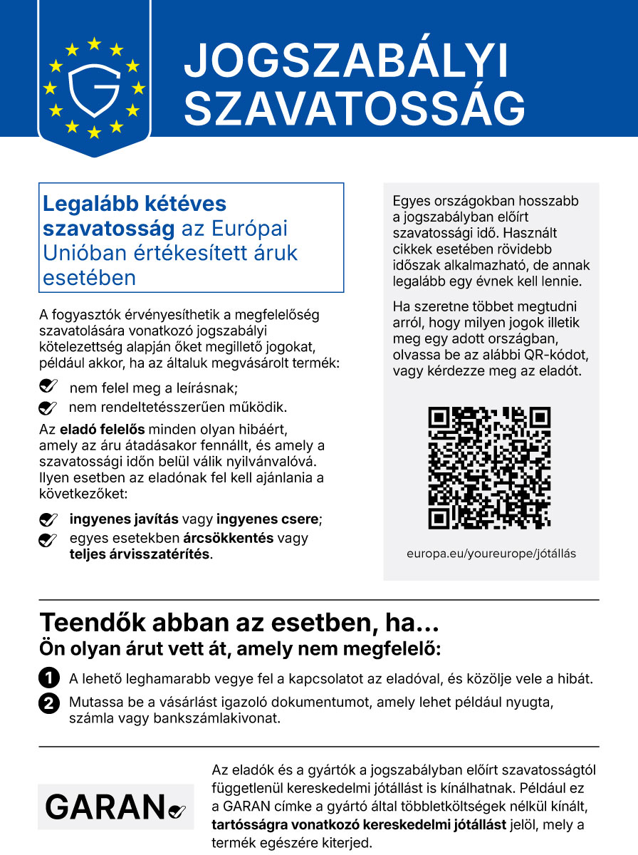 Jogszabályi szavatosság – legalább kétéves szavatosság az Európai Unióban értékesített áruk esetében (EU harmonizált értesítés)