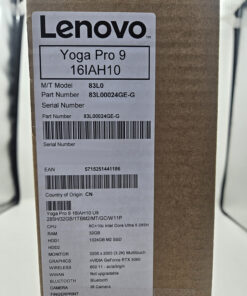Lenovo Yoga Pro 9 16IAH10 gyári doboz-címkéje: típus, Part Number, EAN, Intel Core Ultra 9 285H, 32GB RAM, 3200x2000 3.2K multitouch kijelző, GeForce RTX 5060