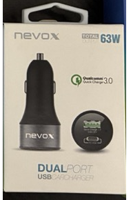 Nevox 63 W autós gyorstöltő – USB-C PD + USB-A Quick Charge 3.0