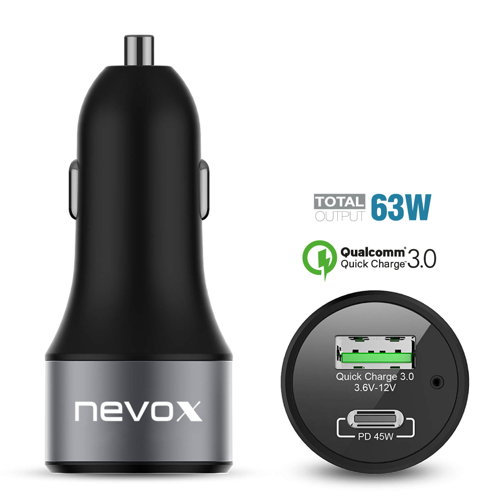 Nevox 63 W autós gyorstöltő – USB-C PD + USB-A Quick Charge 3.0