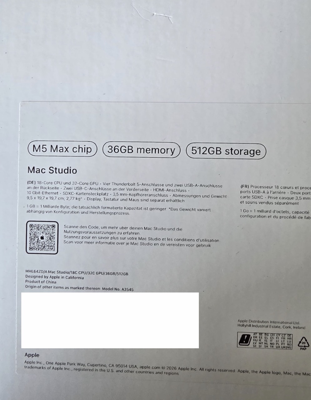 Apple Mac Studio M5 Max 36GB 512GB doboz hátoldala, műszaki adatok
